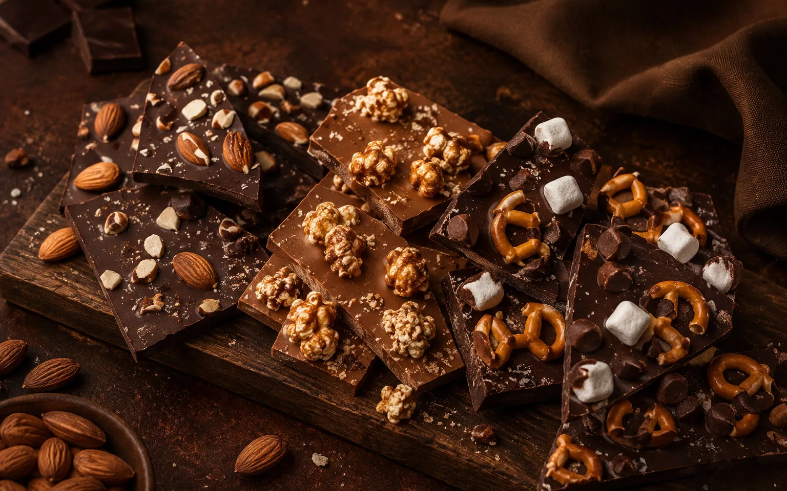 All three SNAPP barks snapped into shards on a wooden board — dark with roasted almonds, milk with caramel popcorn, and confetti with pretzel and marshmallow