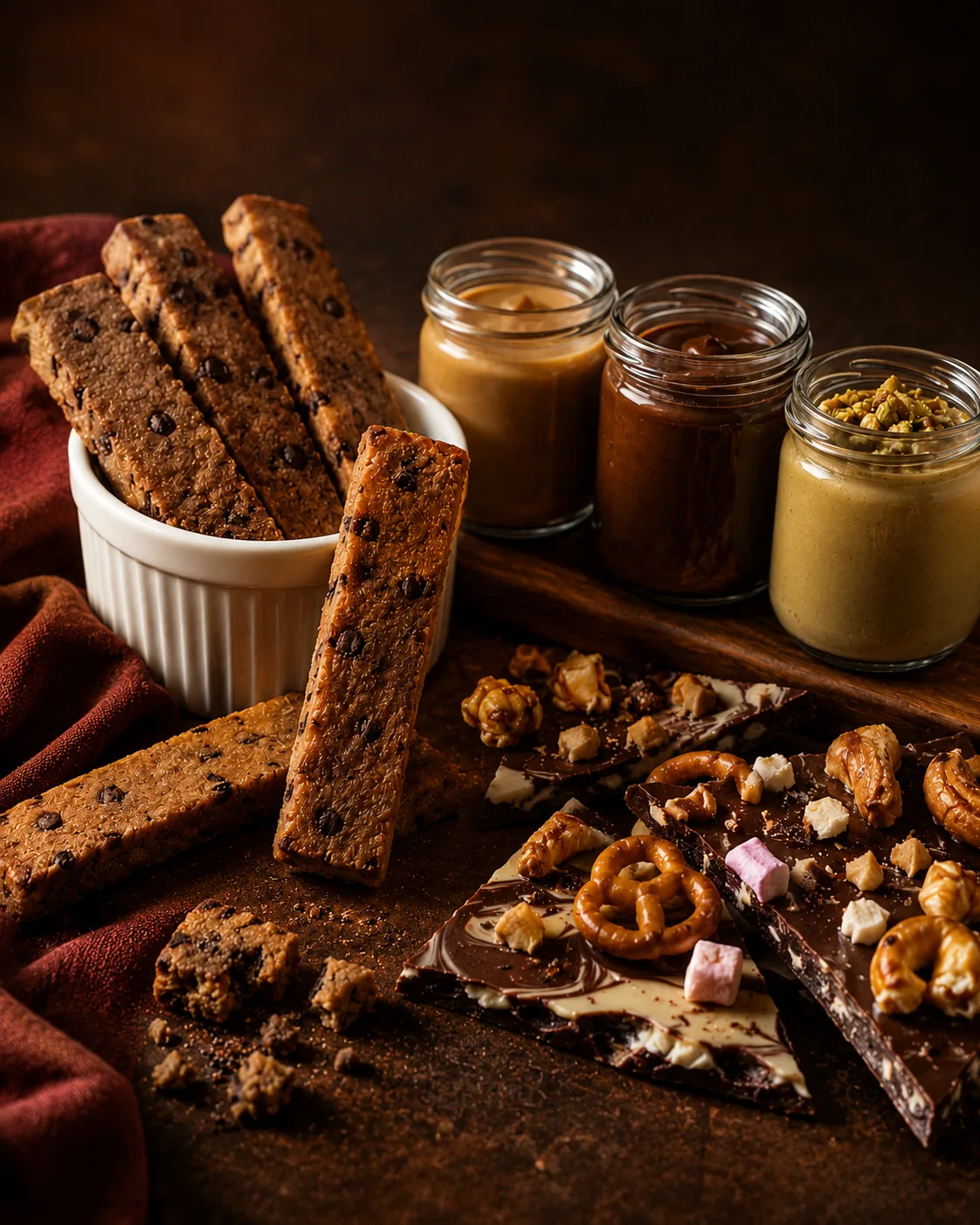 A box of SNAPP cookie fries with a pot of dark chocolate dip, shot on a dark table