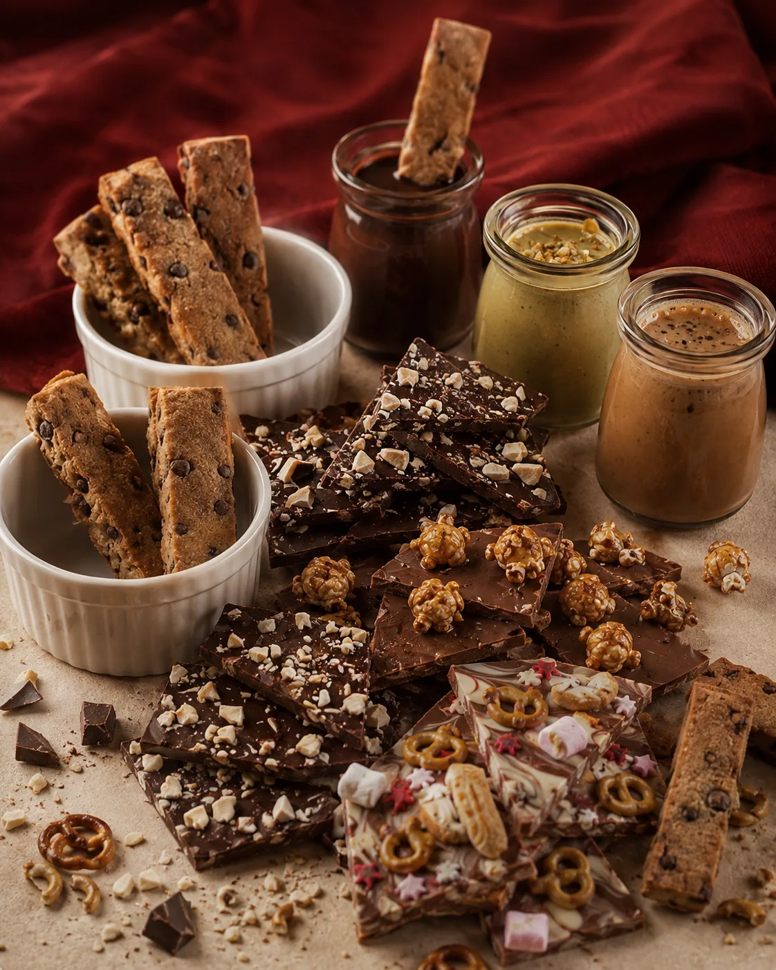 Cookie fries laid out beside open dip pots and broken chocolate bark